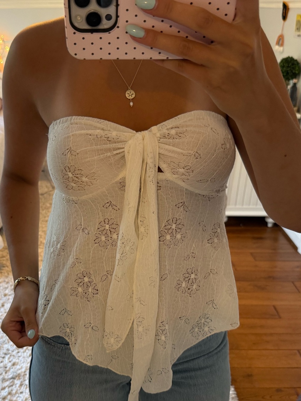 Strapless Cream Lace Tie-Front Women's Top